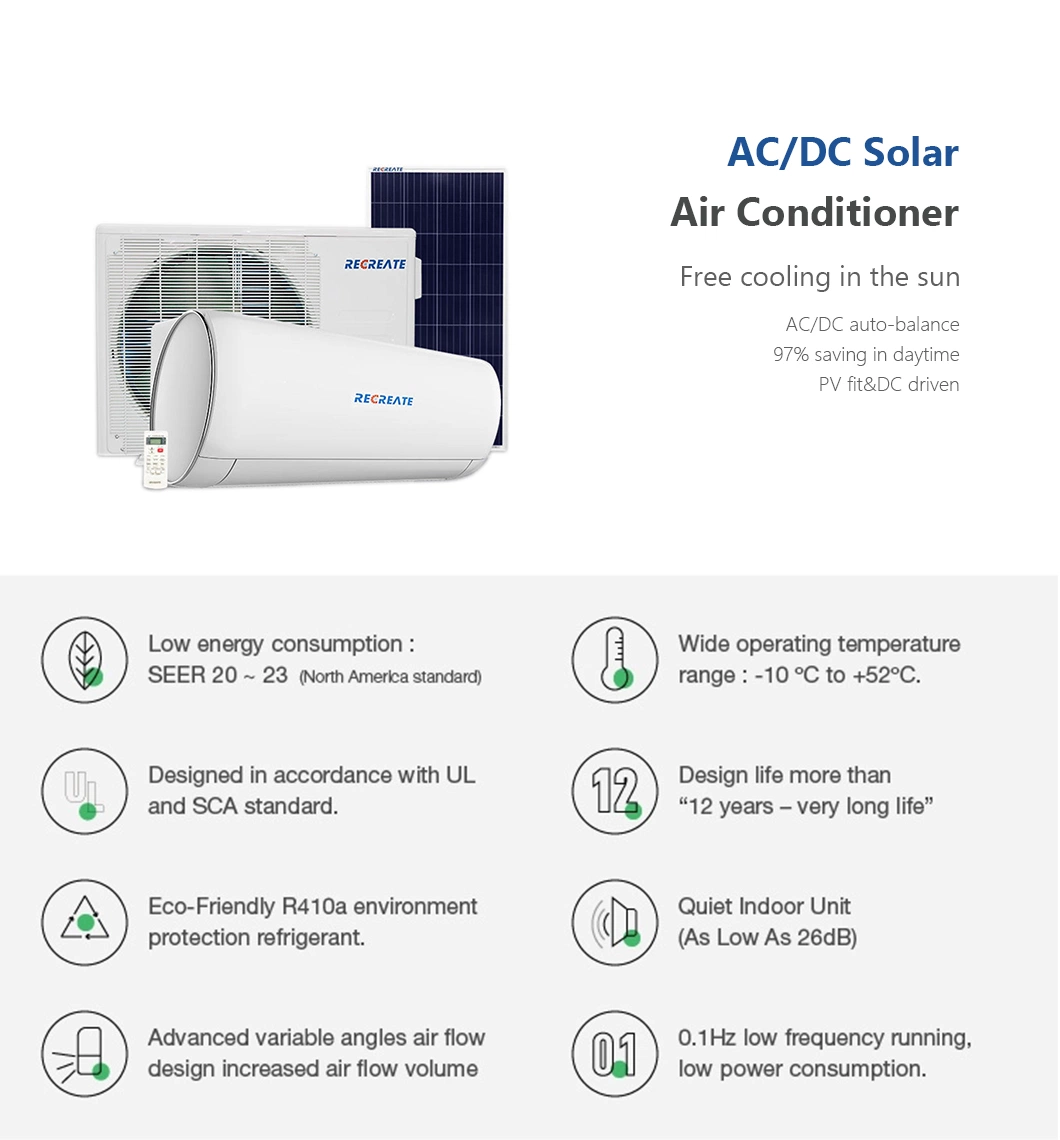 18000BTU DC Inverter Wall Split Solar Air Conditioner for Domestic